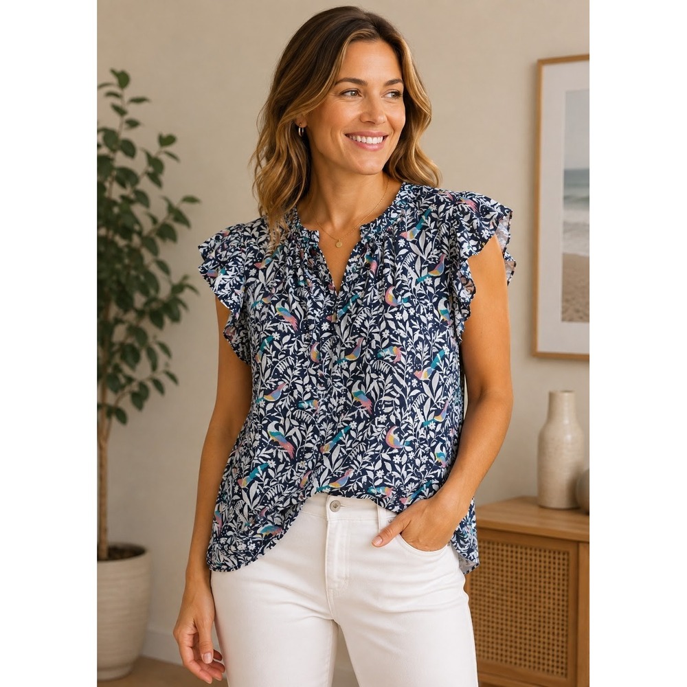 LOFT Women Top M Navy Blue Bird Print Floral Ruffle Flutter Sleeve Keyhole Boho